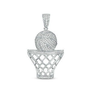 Solid Sterling Silver CZ Basketball in Hoop Necklace Charm