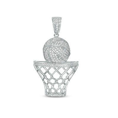 Solid Sterling Silver CZ Basketball in Hoop Necklace Charm