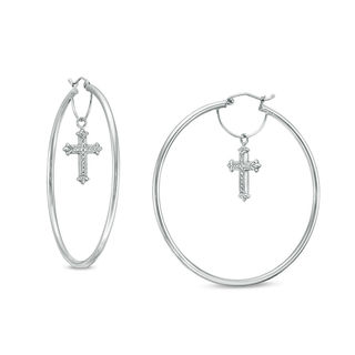 2 x 50mm Diamond-Cut Cross Dangle Tube Hoop Earrings in Sterling Silver