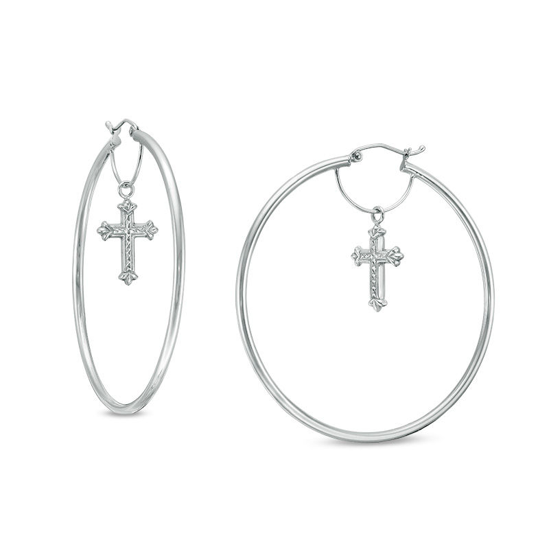 Main Image 1 of 2 x 50mm Diamond-Cut Cross Dangle Tube Hoop Earrings in Sterling Silver