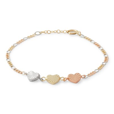 Child's Diamond-Cut Triple Heart Bracelet in 10K Solid Tri-Tone Gold - 6"