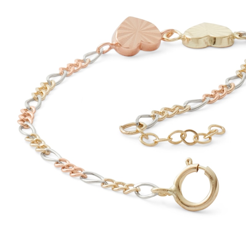 Main Image 2 of Child's Diamond-Cut Triple Heart Bracelet in 10K Solid Tri-Tone Gold - 6"