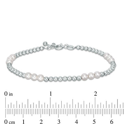 Child's 4mm Simulated Pearl Three Stone Station and Bead Strand Bracelet in Sterling Silver - 6"