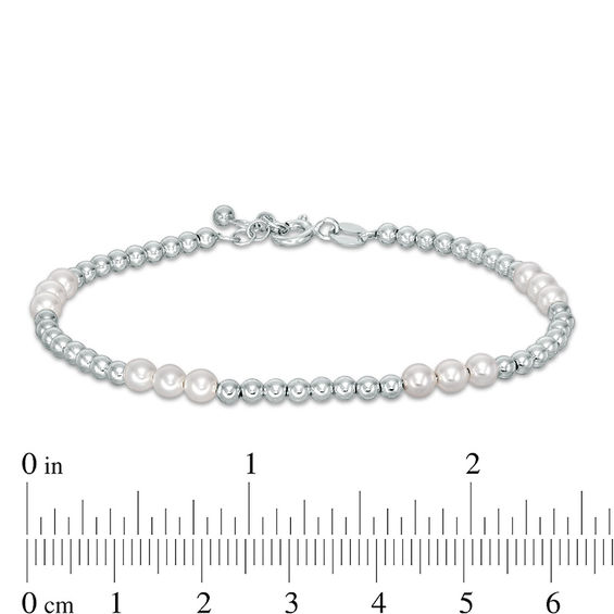 Child's 4mm Simulated Pearl Three Stone Station and Bead Strand Bracelet in Sterling Silver - 6"