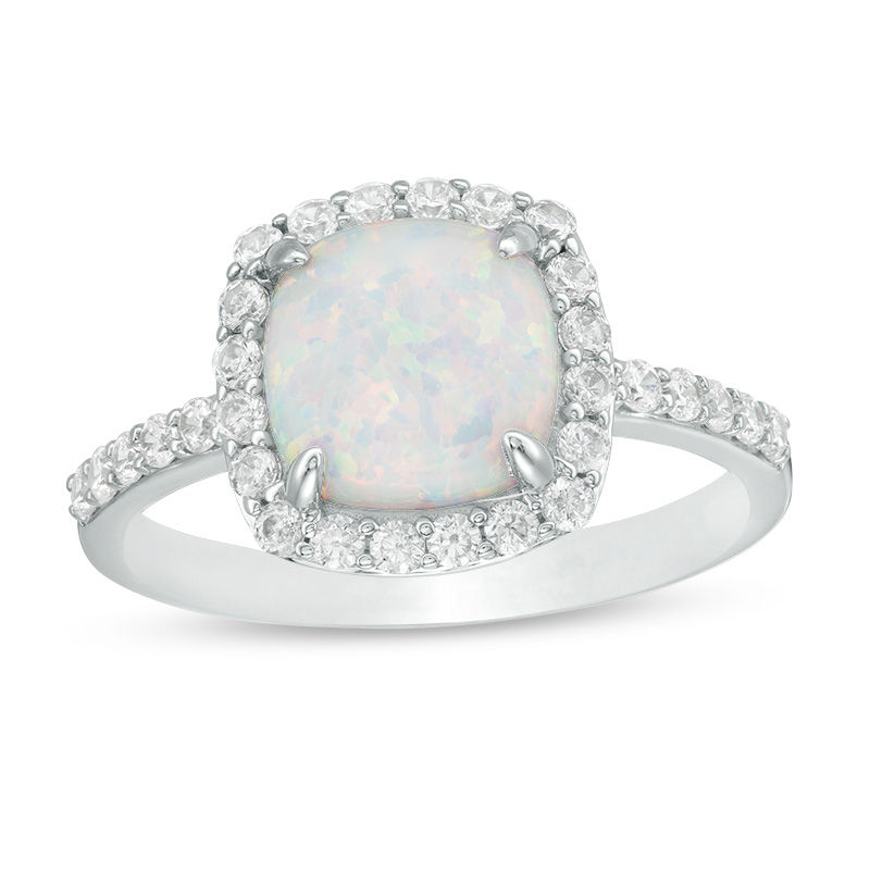 8mm Cushion-Cut Lab-Created Opal and Cubic Zirconia Frame Ring in Sterling Silver - Size 7