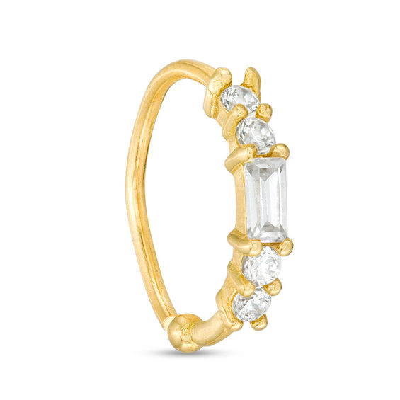14K Solid Gold CZ Baguette-Cut and Round Five Stone Nose Hoop