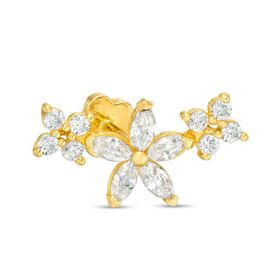 14K Tube Gold CZ Marquise and Round Floral Crawler Stud - 18G 5/16"