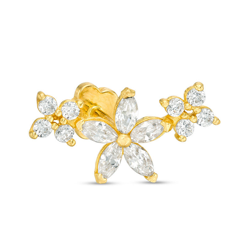 Main Image 1 of 14K Tube Gold CZ Marquise and Round Floral Crawler Stud - 18G 5/16"