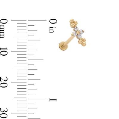 14K Solid Gold CZ Flower Double Bead Trio Crawler Stud - 18G 5/16"