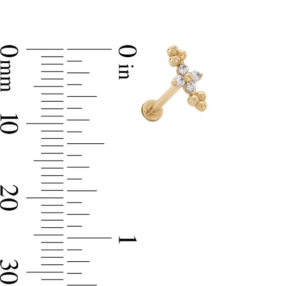 14K Solid Gold CZ Flower Double Bead Trio Crawler Stud - 18G 5/16"