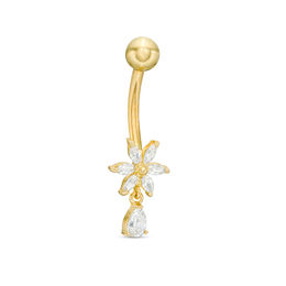 014 Gauge Pear-Shaped Cubic Zirconia Dangle Flower Belly Button Ring in Solid 10K Gold