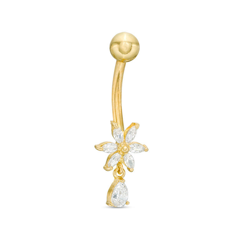 Main Image 1 of 10K Solid Gold CZ Pear-Shaped Dangle Flower Belly Button Ring - 14G