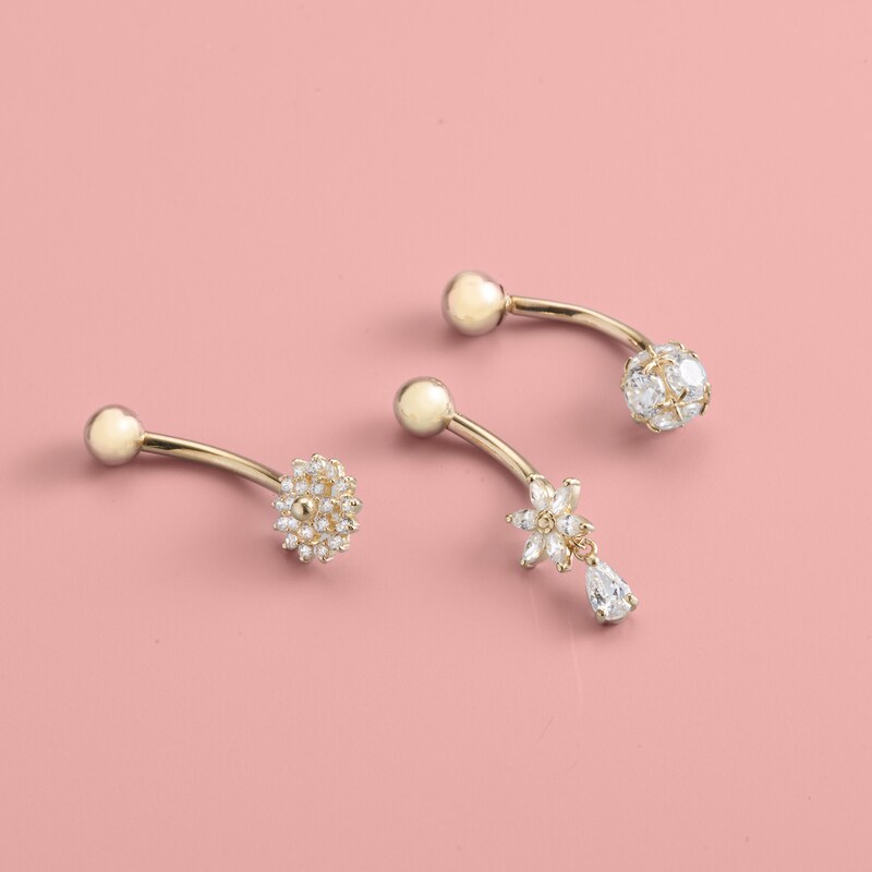 Main Image 2 of 10K Solid Gold CZ Pear-Shaped Dangle Flower Belly Button Ring - 14G