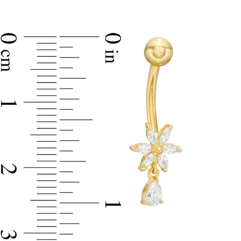 Main Image 3 of 10K Solid Gold CZ Pear-Shaped Dangle Flower Belly Button Ring - 14G