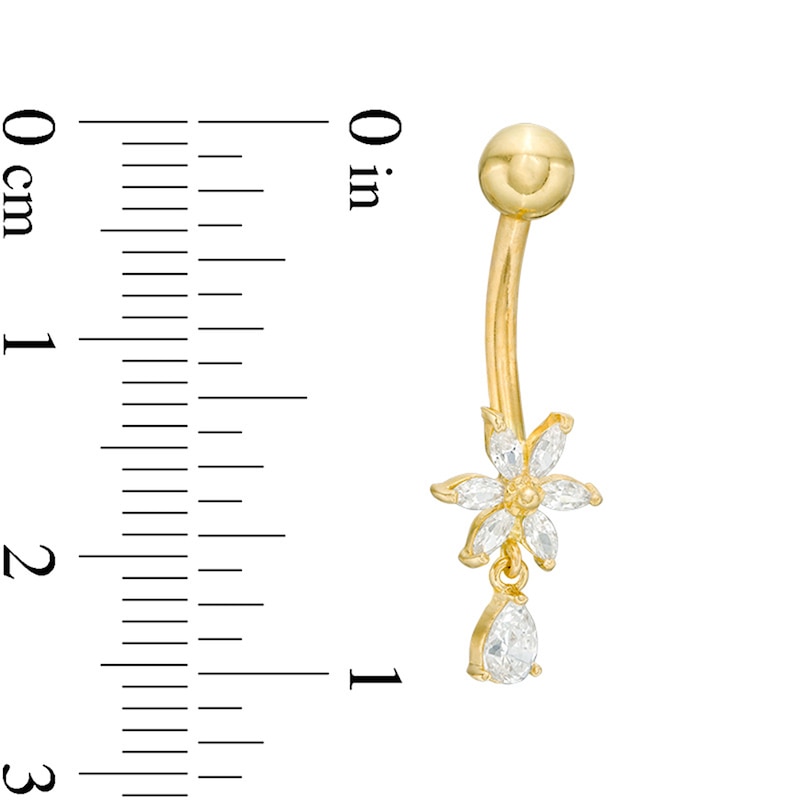 10K Solid Gold CZ Pear-Shaped Dangle Flower Belly Button Ring - 14G