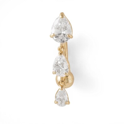10K Solid Gold CZ Graduated Pear-Shaped Triple Dangle Top Down Belly Button Ring - 14G 3/8"