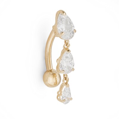 10K Solid Gold CZ Graduated Pear-Shaped Triple Dangle Top Down Belly Button Ring - 14G 3/8"