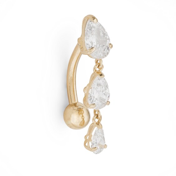 10K Solid Gold CZ Graduated Pear-Shaped Triple Dangle Top Down Belly Button Ring - 14G 3/8"
