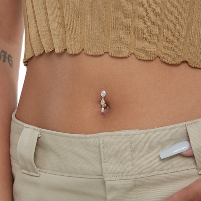 10K Solid Gold CZ Graduated Pear-Shaped Triple Dangle Top Down Belly Button Ring - 14G 3/8"