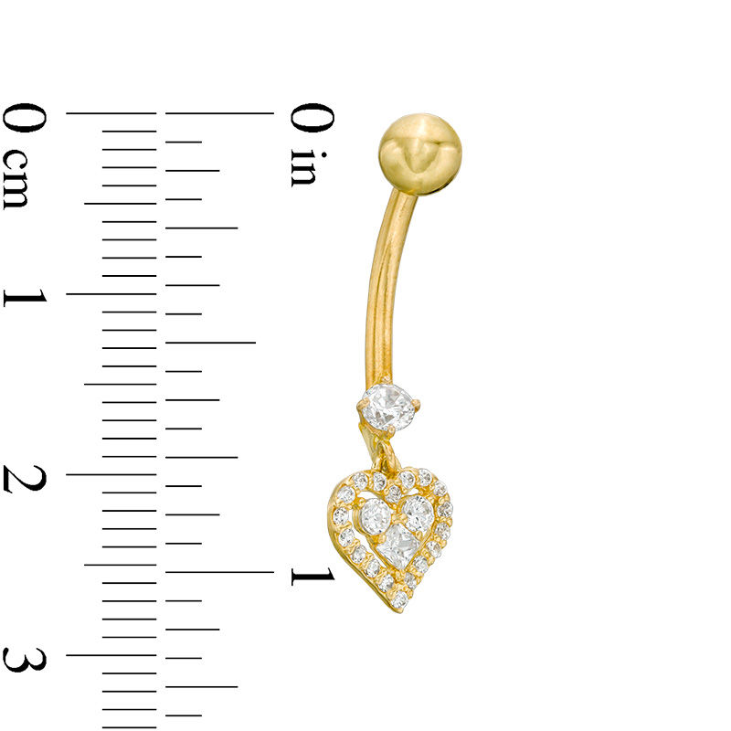 10K Solid Gold CZ Heart Dangle Belly Button Ring - 14G