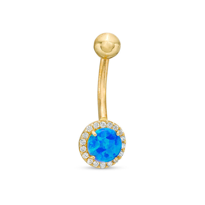 Main Image 1 of 014 Gauge 5mm Simulated Blue Opal and Cubic Zirconia Frame Belly Button Ring in Solid 10K Gold