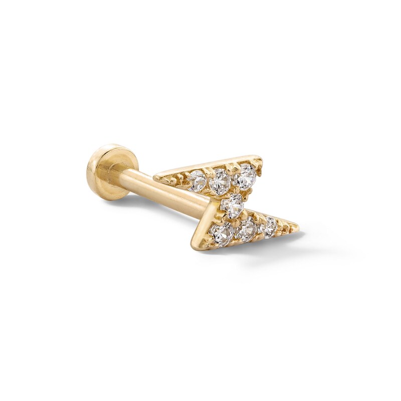 14K Tube Gold CZ Lightning Bolt Stud - 18G 5/16"