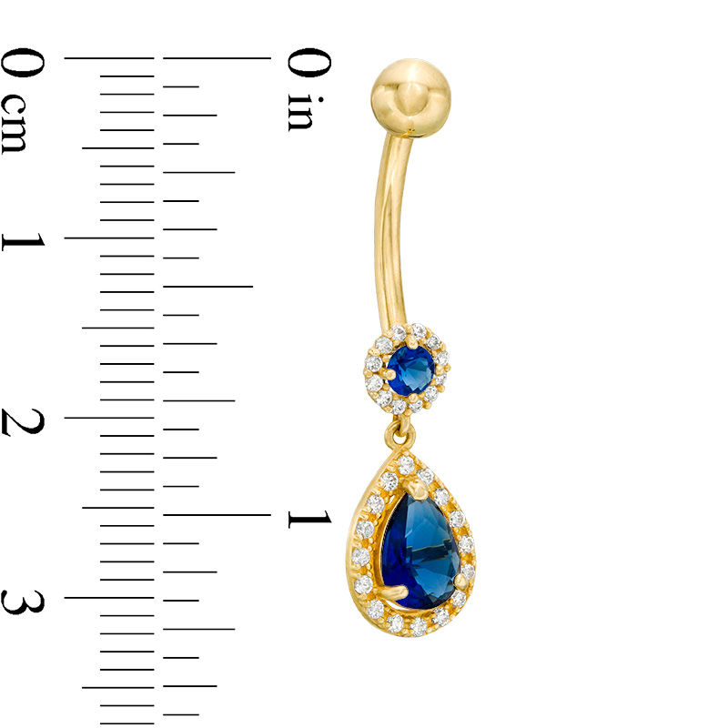 014 Gauge Pear-Shaped and Round Blue and White Cubic Zirconia Framed Dangle Belly Button Ring in 10K Gold