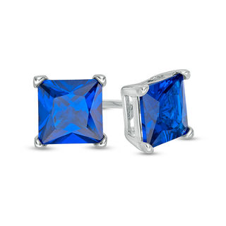 Solid Sterling Silver 6mm Princess-Cut Blue CZ Solitaire Studs