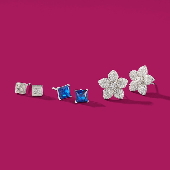 Solid Sterling Silver 6mm Princess-Cut Blue CZ Solitaire Studs