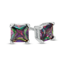 4mm Princess-Cut Rainbow Green Solitaire Stud Earrings in Solid Sterling Silver