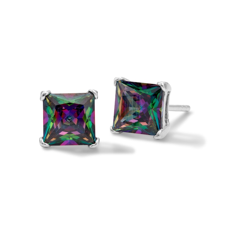 6mm Princess-Cut Rainbow Green Solitaire Stud Earrings in Solid Sterling Silver