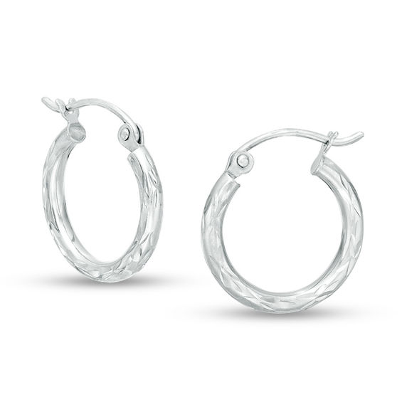 14K Tube Hollow White Gold Diamond-Cut Hoops