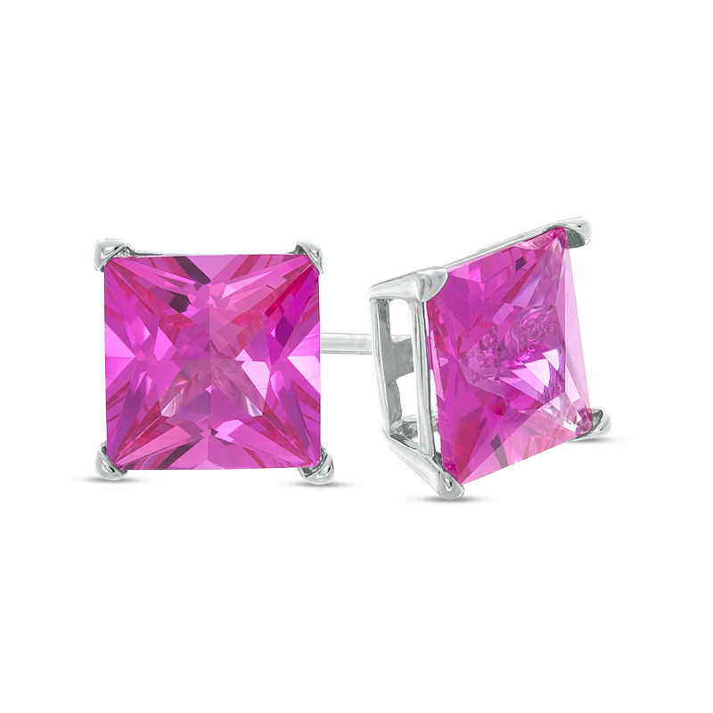 8mm Princess-Cut Pink Cubic Zirconia Solitaire Stud Earrings in Sterling Silver