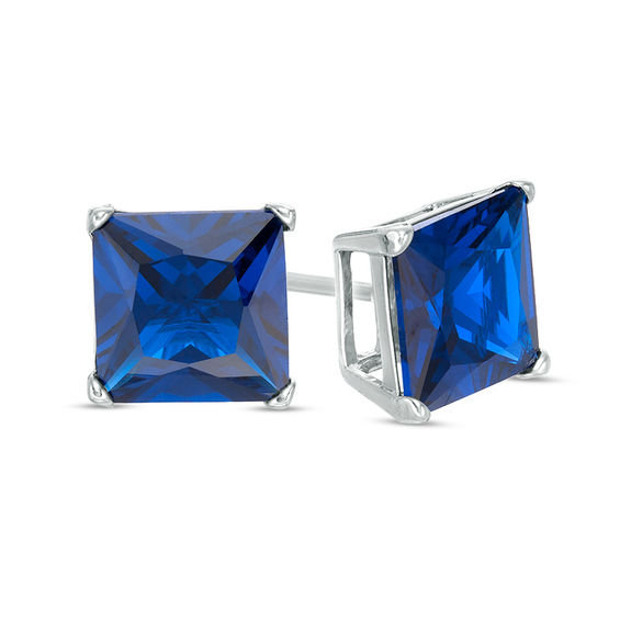 8mm Princess-Cut Blue Cubic Zirconia Solitaire Stud Earrings in Sterling Silver