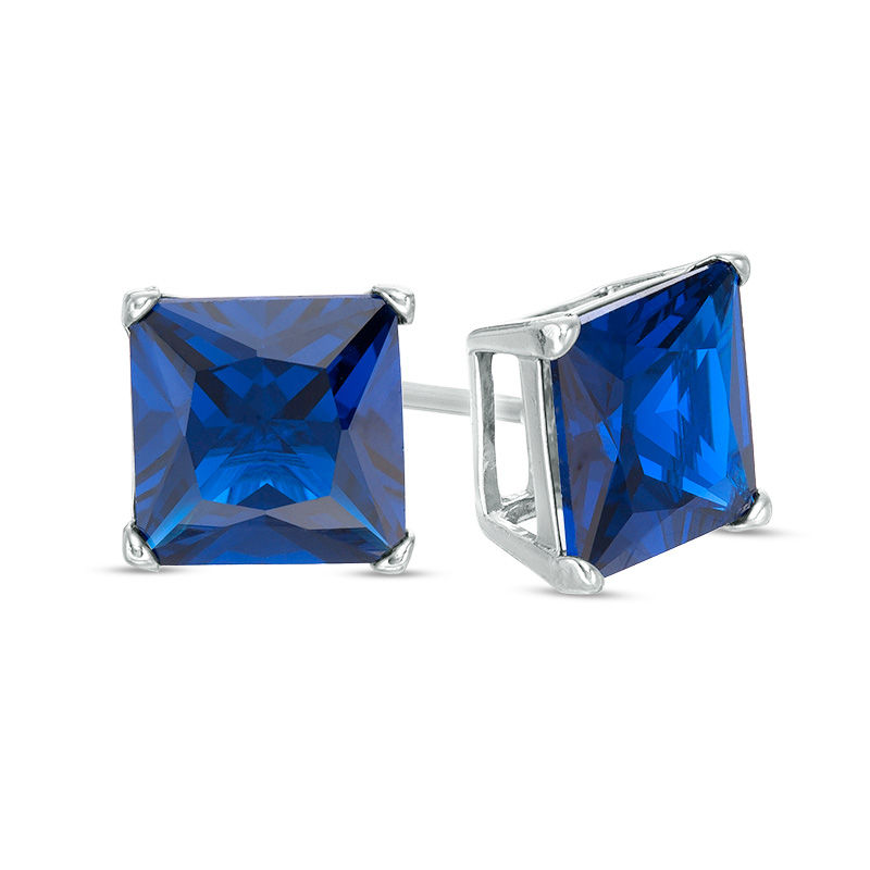 Main Image 1 of 8mm Princess-Cut Blue Cubic Zirconia Solitaire Stud Earrings in Sterling Silver