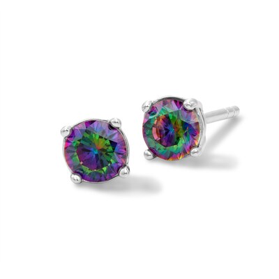 Solid Sterling Silver 4mm Princess-Cut Rainbow Green CZ Solitaire Studs