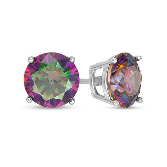 8mm Rainbow Green Cubic Zirconia Solitaire Stud Earrings in Sterling Silver