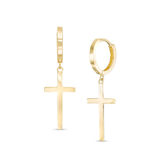 Men's 14K Gold Plated Cross Drop Dangle Hanging Iced Cz Huggie Hoop Earrings  | eBay