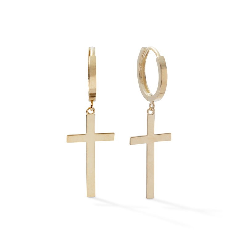 Cross Dangle Huggie Hoop Earrings in 10K Gold Casting Solid