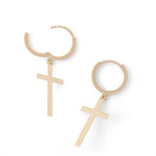 10K Solid Gold Casting Cross Dangle Huggie Hoops