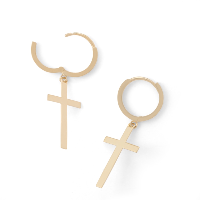 Main Image 2 of 10K Solid Gold Casting Cross Dangle Huggie Hoops