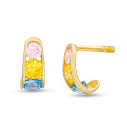 Child's Multi-Color Cubic Zirconia Graduated Three Stone J-Hoop Earrings in 10K Gold
