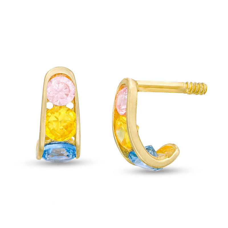 Main Image 1 of Child's Multi-Color Cubic Zirconia Graduated Three Stone J-Hoop Earrings in 10K Gold