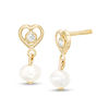 Thumbnail Image 0 of Child's 4mm Baroque Cultured Freshwater Pearl and Cubic Zirconia Heart Frame Drop Earrings in 10K Gold