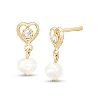 Child's 4mm Baroque Freshwater Cultured Pearl and Cubic Zirconia Heart Frame Drop Earrings in 10K Gold
