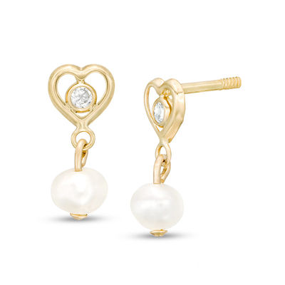 Child's 4mm Baroque Freshwater Cultured Pearl and Cubic Zirconia Heart Frame Drop Earrings in 10K Gold