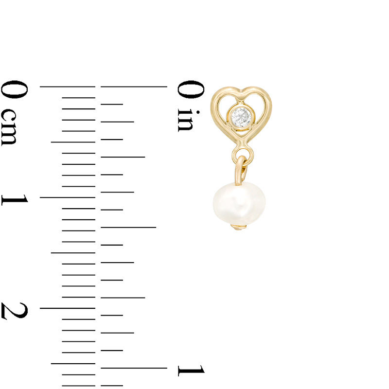 Child's 4mm Baroque Cultured Freshwater Pearl and Cubic Zirconia Heart Frame Drop Earrings in 10K Gold