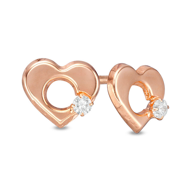 Child's 2mm Cubic Zirconia Solitaire Heart Stud Earrings in 14K Rose Gold