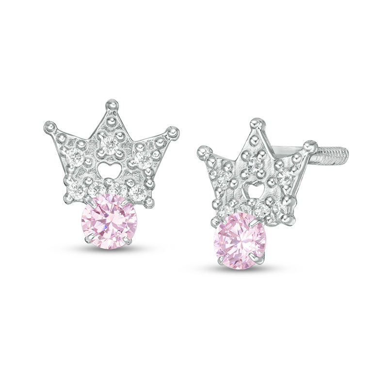 Main Image 1 of Child's 3mm Pink and White Cubic Zirconia Bead Crown with Heart Cut-Out Stud Earrings in Sterling Silver