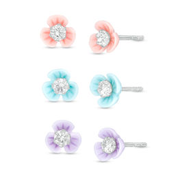 Child's 3mm Cubic Zirconia Solitaire Pastel-Theme Flower Stud Earrings Set in Solid Sterling Silver